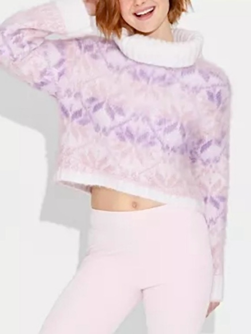 Wild Fable Lavender & Pink Cropped Fair Isle Turtleneck Brushed Yarn Sweater